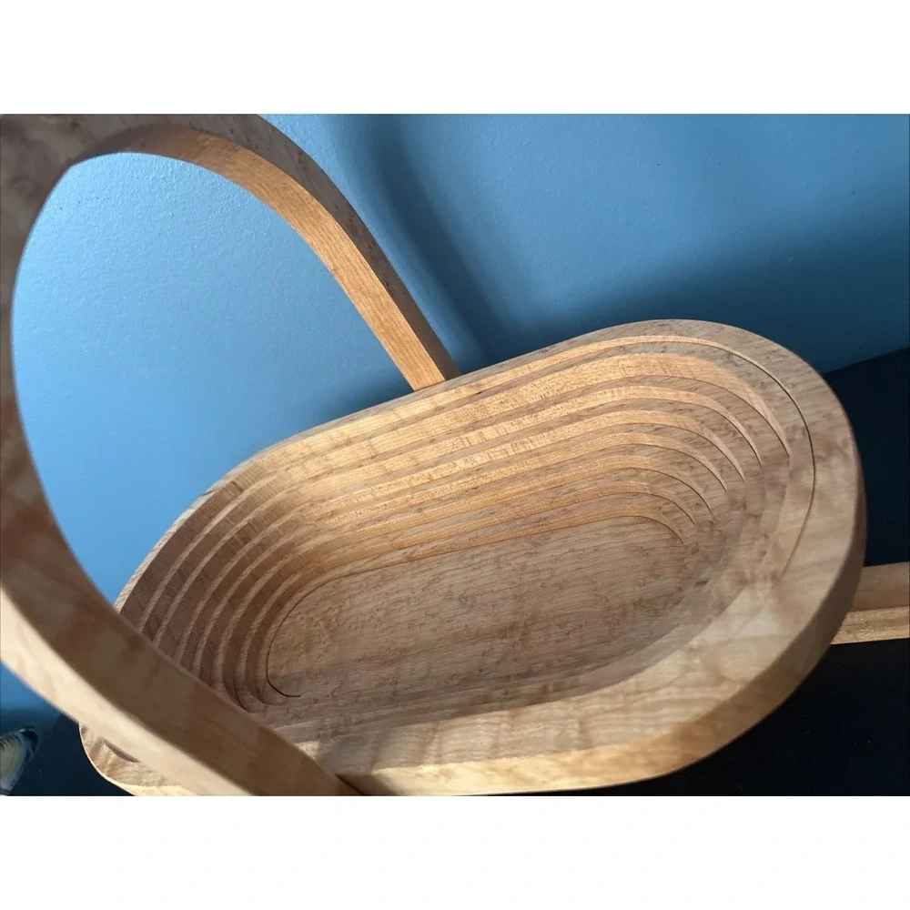 Collapsible Wooden Basket Oval Bowl Trivet Handcrafted 15